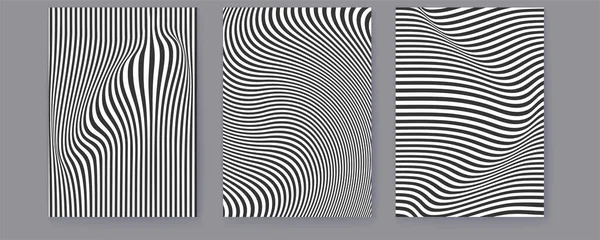 Ensemble de couvertures avec des lignes ondulées. Motifs minimalistes abstraits sur les affiches. Modèle noir et blanc. Illustration vectorielle 3d. — Image vectorielle