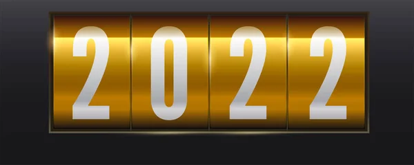 黄金の背景に白い数字2022 。機械式スコアボード。現実的な機械式カウンター。ベクターイラスト. — ストックベクタ
