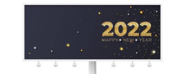 Mutlu yıllar 2022. Parlak altın tozları ve incileri olan Noel afişi. Yeni yıl tebrikleriyle dolu ilan panosu.