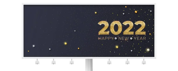 Feliz Año Nuevo 2022. Banner de Navidad con polvo dorado brillante y perlas. Cartelera con saludos de Año Nuevo. — Archivo Imágenes Vectoriales