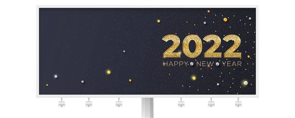 Mutlu yıllar 2022. Parlak altın tozları ve incileri olan Noel afişi. Yeni yıl tebrikleriyle dolu ilan panosu.