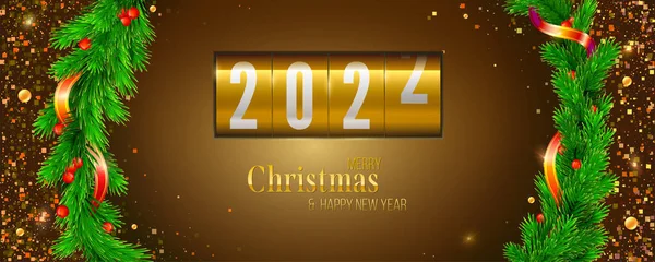 2022年の新年の到来。モミの枝や休日リボンとクリスマスバナー。休日前の機械カウントダウン. — ストックベクタ