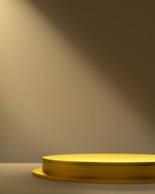 Bej arka planda spot ışıkları. Yerde altın bir podyum. Ürün sunumu ve markalaşması için minimal arkaplan.