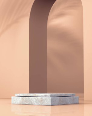 Ürün markalaşması için arka plan tasarımı. Ürünlerin sunumu için mermer podyum. Kemer ve duvarda palmiye yaprağı gölgesi.