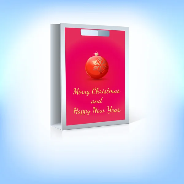 Bolso de papel, bola roja de Navidad con inscripción de saludo — Vector de stock