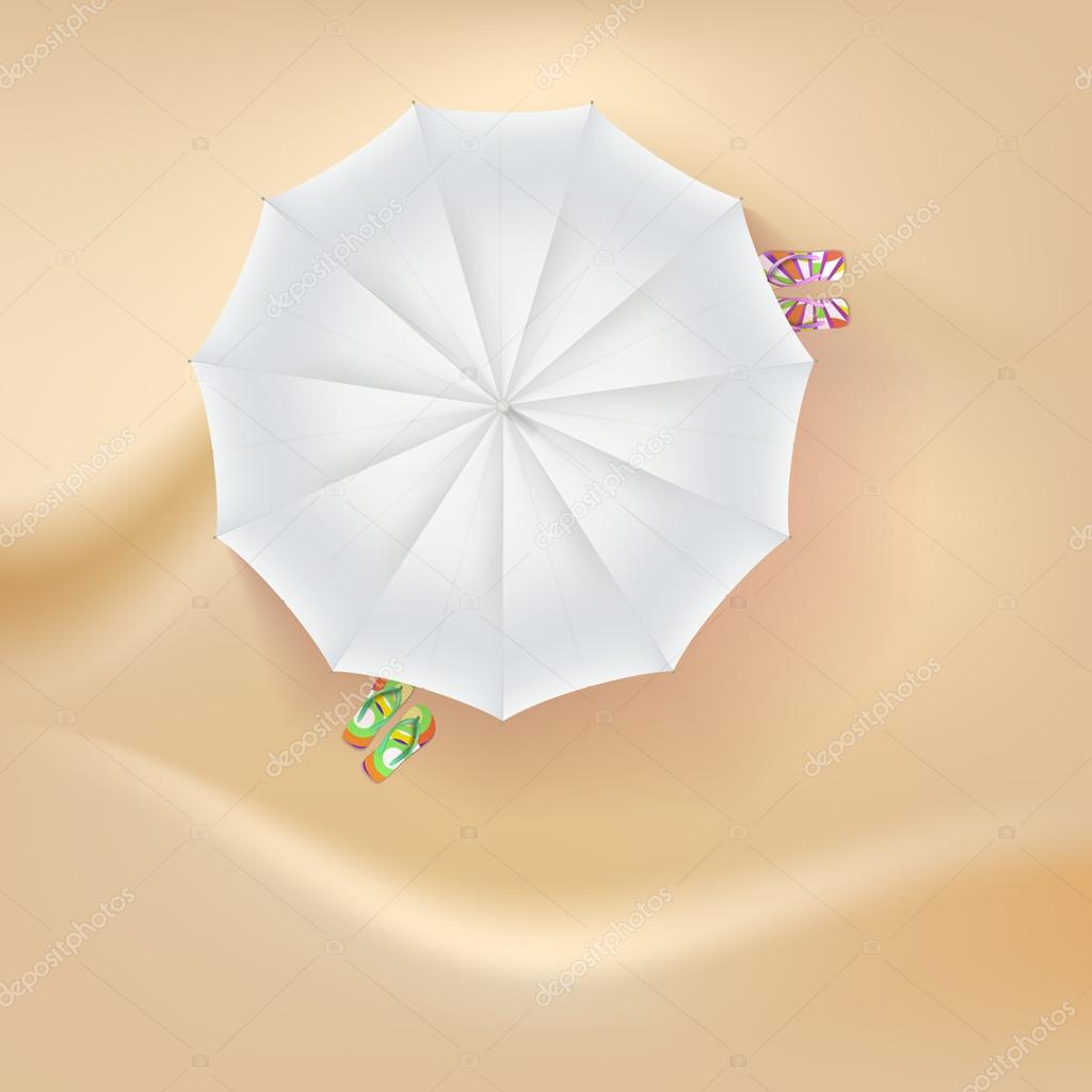 Beach slippers and a sun umbrella on sand background.