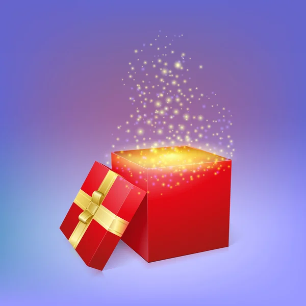 Açık hediye kutusu sihirli ışık havai fişek ile. — Stok Vektör