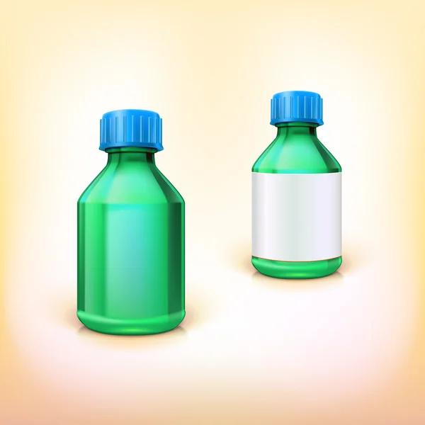 Botella médica verde con tapa azul . — Vector de stock