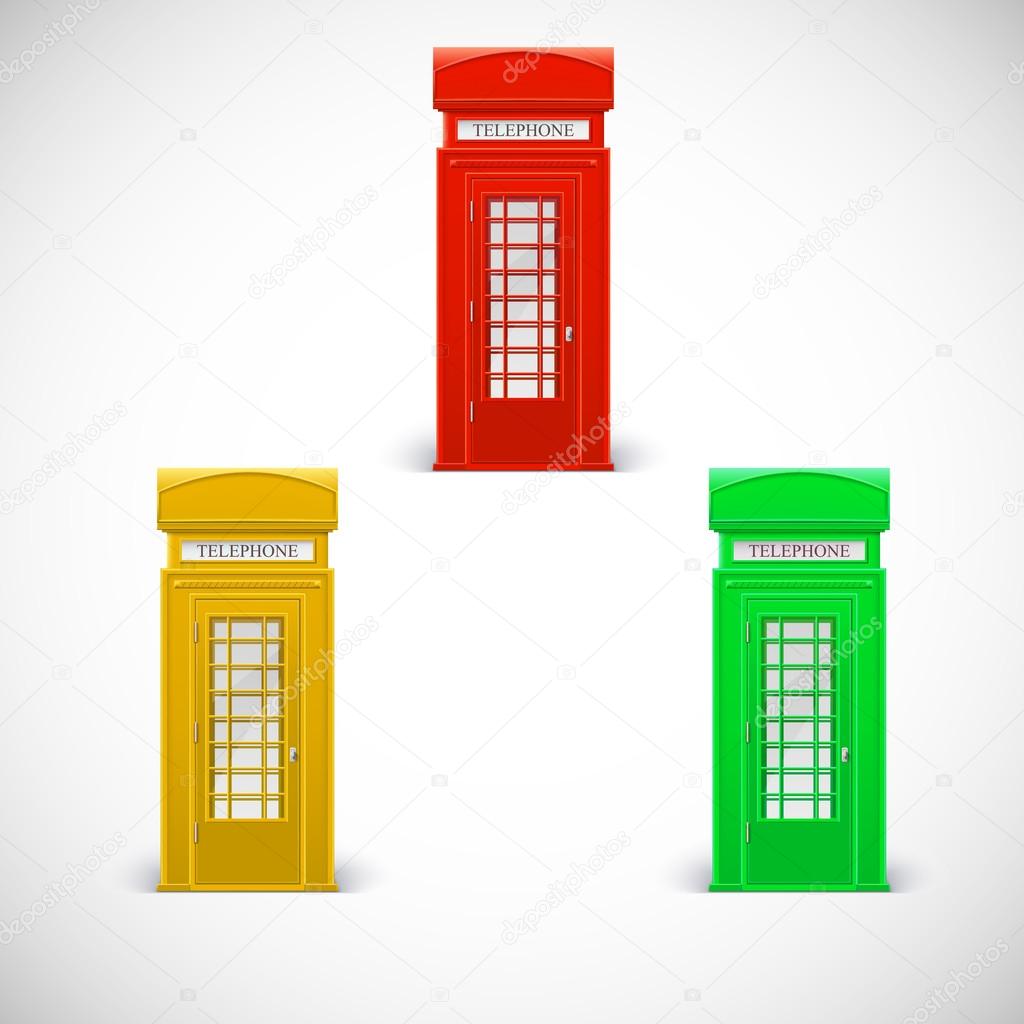 Colored telephone booths, Londone style.