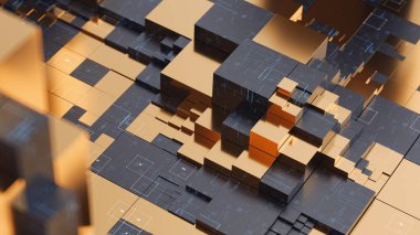 Geleceğin akıllı bir şehrini temsil eden dinamik soyut kompozisyon, mimari, veri akışı ve yapay zeka ile çalışan sanal altyapıyı birleştiriyor.