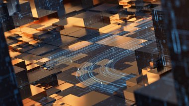 Şehir planlamasının ileri teknoloji görselleştirilmesi, fintech yeniliği, sinirsel mantık, veri mimarisi ve sanal ortamların birleştirilmesi