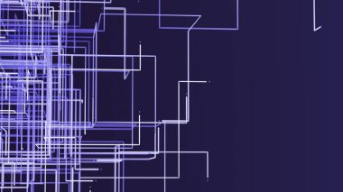 Koyu mor gradyan üzerinde birbirine bağlı şekiller ve açısal ışıldayan yollarla siber şebeke yapısının 3B görüntülemesi, geleceksel ağ görselleştirmesini çağrıştırıyor.