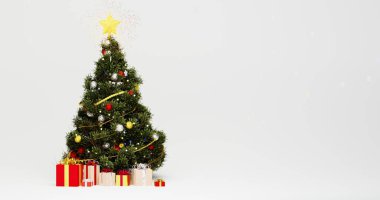 Kırmızı ve altın renkli Noel toplarıyla süslenmiş bir Noel ağacının üç boyutlu çizimi. Parlak altın yıldızlı. Altında farklı ambalaj kağıtlarıyla hediyeler var..