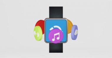 Canlandırmanın 3 boyutlu canlandırması akıllı bir saat, fitness bileziği, yenileme ikonu döndürür, hacimli halter, kalp, bulut, müzik notası, telefon alıcısı daire şeklinde döner.