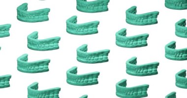 3D kusursuz animasyon deseni. Bir sürü mavi, turkuaz dişler, üst ve alt çene farklı yönlere hareket ediyor. Beyaz, siyah, sarı, pembe değişen arkaplan