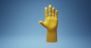3D animasyon, biçimlendirilmiş sarı bir el beyaz bir kart, kartvizit ya da reklam tutar. Beyaz yaprak modeli. Mavi arkaplan.