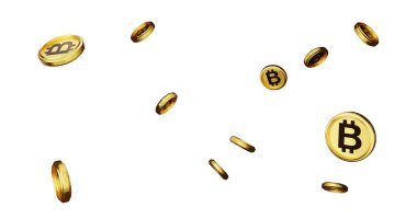 Düşen paraların, bitcoinlerin 3 boyutlu tasviri. Arka planda bir sürü bozuk para, Bitcoins düşerken.