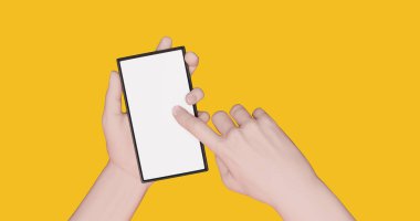 Bir telefon üzerindeki şekillendirilmiş bir elin üç boyutlu çizimi, akıllı telefon kaydırması, seçmeler, kaydırmalar, mesajlar, haber kaynakları. Beyaz model telefon ekranı