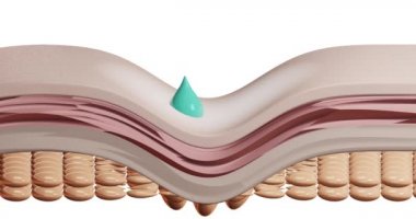 Deri katmanlarının ve zarların anatomisinin 3 boyutlu canlandırması. Yeşil-mavi krem damlaları, serum, derinin derin tabakalarına nüfuz eden maddeler. Cilt gerilmiş, pürüzsüz kırışıklıkların etkisi...