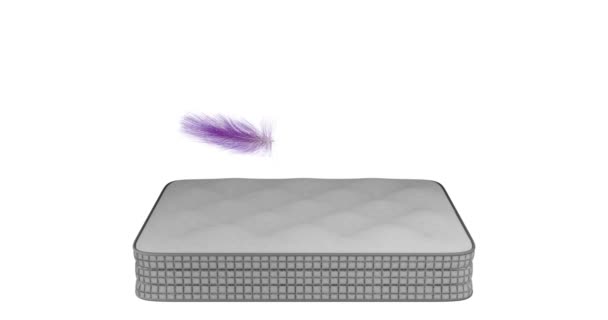 羽毛落在床垫上的3D动画 一根羽毛 粉色紫色的绒毛很容易滑落在有灰色边框的厚厚的床垫上 相机平稳地向前移动 — 图库视频影像