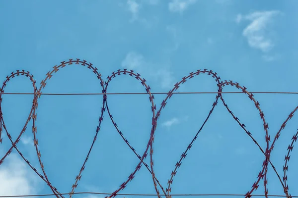青い空の背景に錆びた鉄条網 — ストック写真