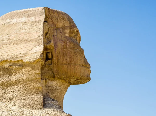 Cabeça Uma Estátua Antiga Esfinge Gizé Egito Perto — Fotografia de Stock