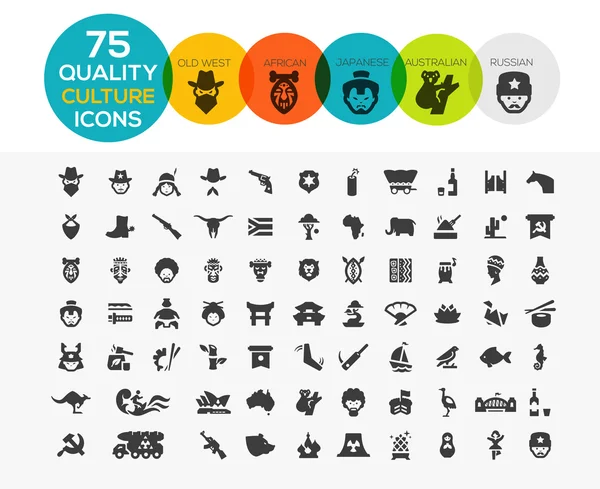 Culture icons including, old west, africa, australia, japan and russia — Stock Vector