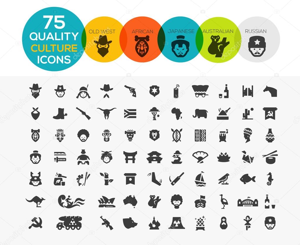 Culture icons including, old west, africa, australia, japan and russia
