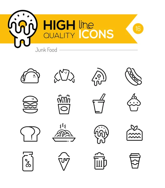Iconos de la línea de comida chatarra que incluyen: comida rápida, azúcar, alchohol, etc. .. — Archivo Imágenes Vectoriales