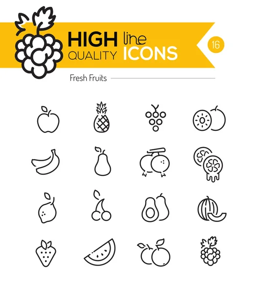 Iconos de la línea de frutas que incluyen: frambuesa, plátano, piña, etc. .. — Vector de stock