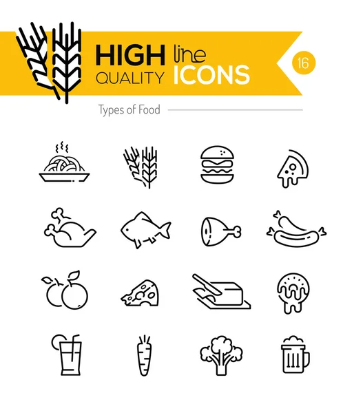 Tipos de línea de alimentos Iconos que incluyen: carne, grano, lácteos, etc. .. — Vector de stock