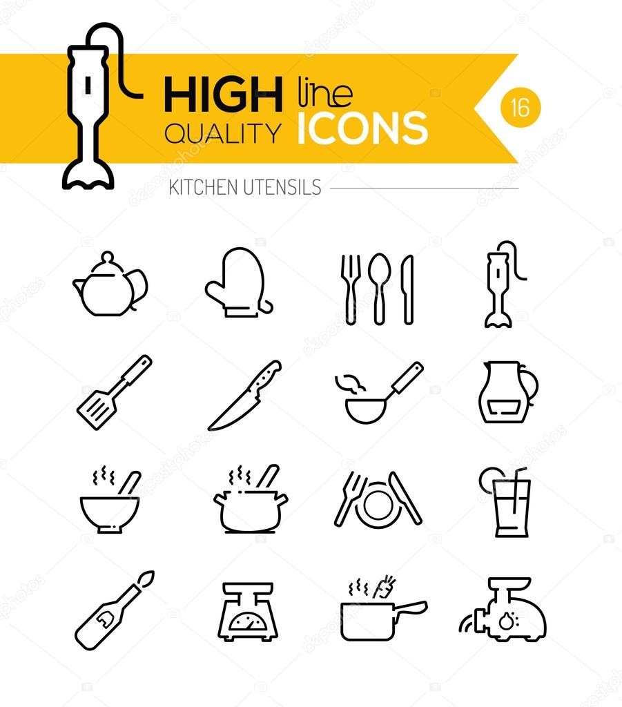 Kitchen Utensils line icons including, cookers, appliances, tool