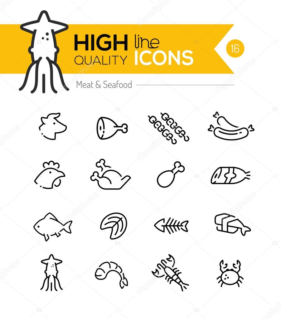 Meat & Seafood Line Icons including: Beef, chicken, fish, sushi 