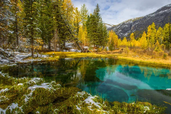 Blå vår sjön gyllene höst i Altai, Aktash region. — Stockfoto