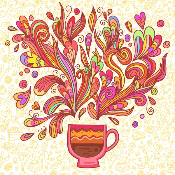 Curly and steamy tea party cup — Stock Vector