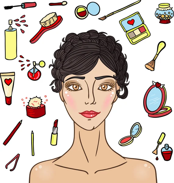 Maquiagem cosmética menina morena —  Vetores de Stock