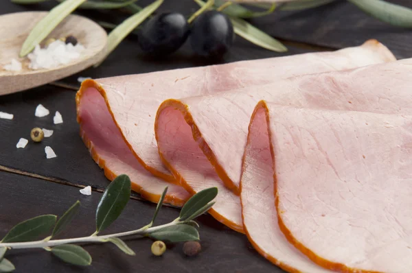 Smoked ham slices naturally blended and cooked with olive oil Stock Photo