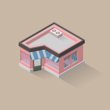 Restoran / bistro 'nun vektör izometrik çizimi. Pembe retro kafe. Eski tarz. Kaydet.