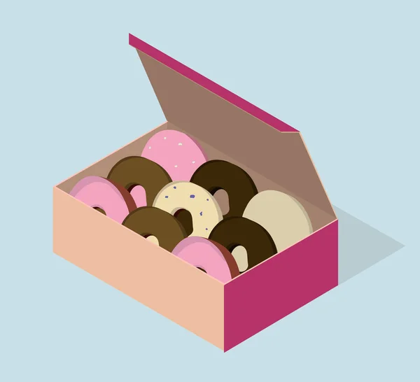 Carton Box Different Donuts Vector Isometric Illustration — Stock Vector