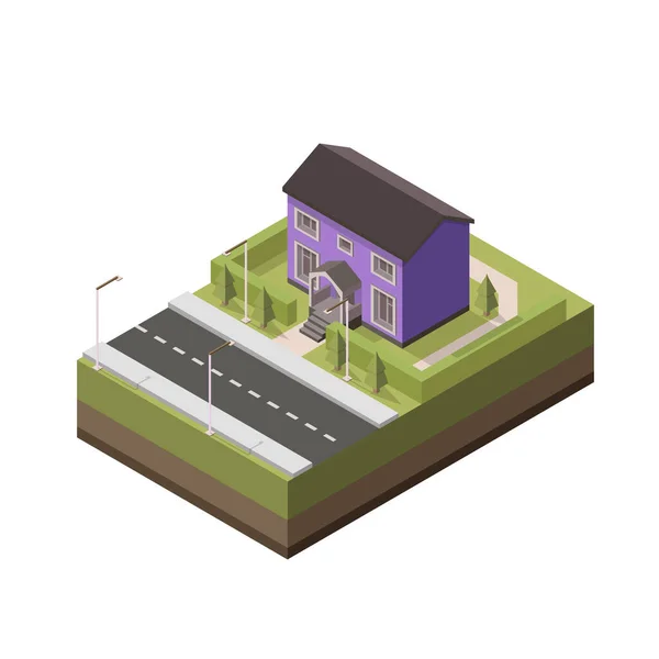 Isometric House Vector Isometric Element Representing Suburban Violet House Vacation — Stock Vector