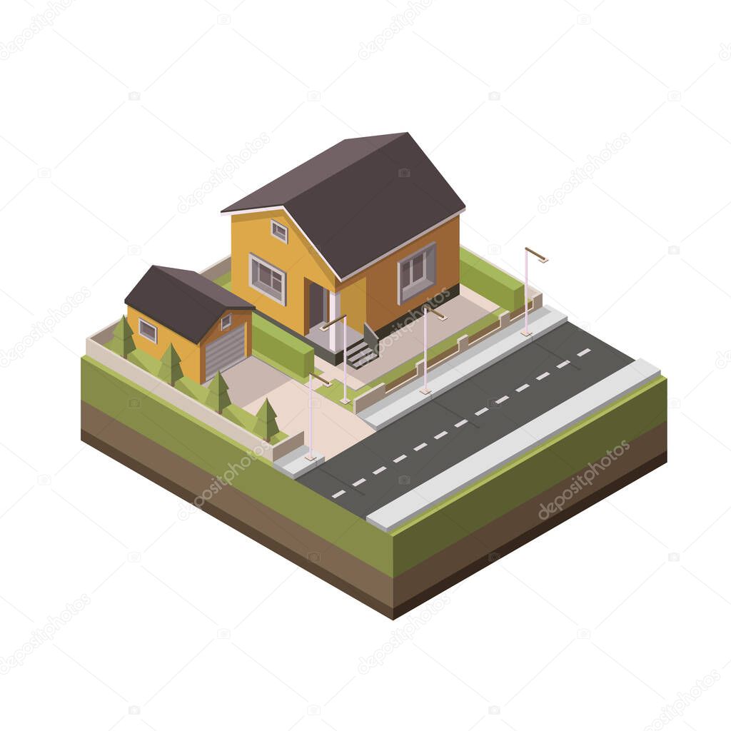 Isometric house. Vector isometric element representing suburban house. Vacation house. Country building.