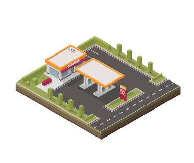 Düşük polimetrik benzin istasyonunu temsil eden vektör izometrik illüstrasyon. Benzin istasyonu. Yakıt. Isometric benzin istasyonu.
