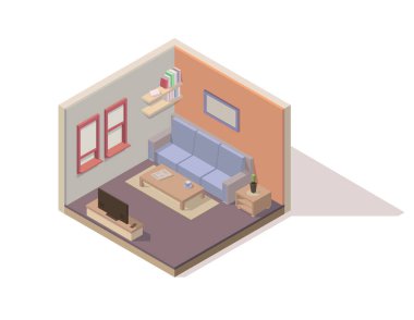 Vector isometric low poly living room cutaway icon. Vector isometric room elements: sofa, coffee table, TV, bookshelf, etc.