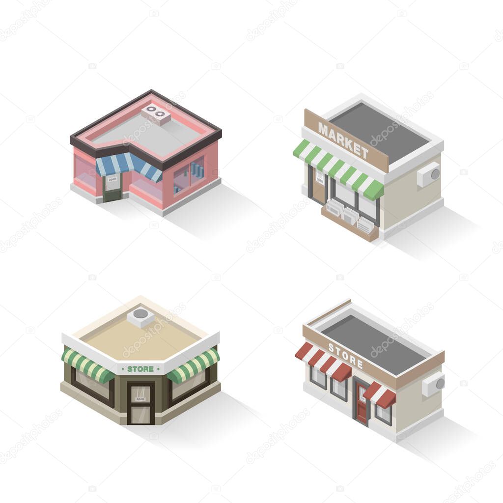 Set of vector isometric stores. Vector illustration of shop, restaurant, market, store.
