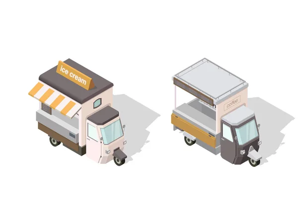 Ilustrações Isométricas Vetoriais Sorvete Caminhões Comida Rua Café Tuc Tuc — Vetor de Stock