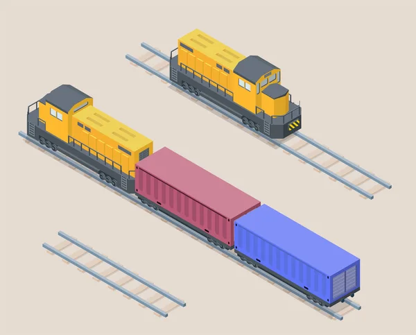 Vector Isometric Illustration Yellow Cargo Train Red Blue Containers Railroad — Stock Vector