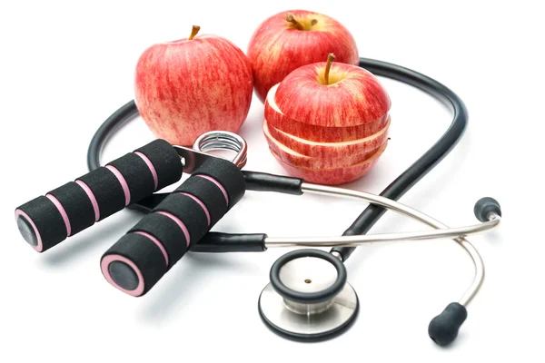 Red apple and sport equipments and stethoscope ,Diet plan health — Stock Photo, Image