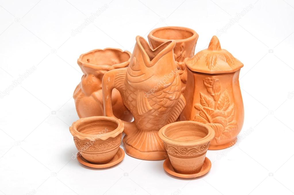 Set of clay pots collection  isolated on white 
