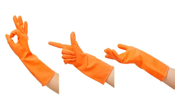 Conjunto de gestos mão em luva de borracha laranja — Fotografia de Stock