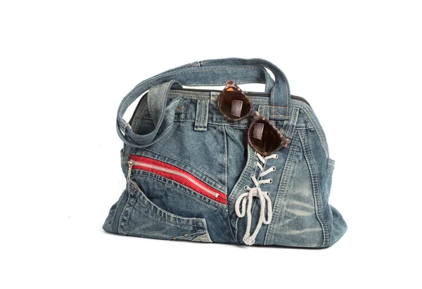 Blue jeans women bag with sun glass isolated on white background — Stock Photo, Image